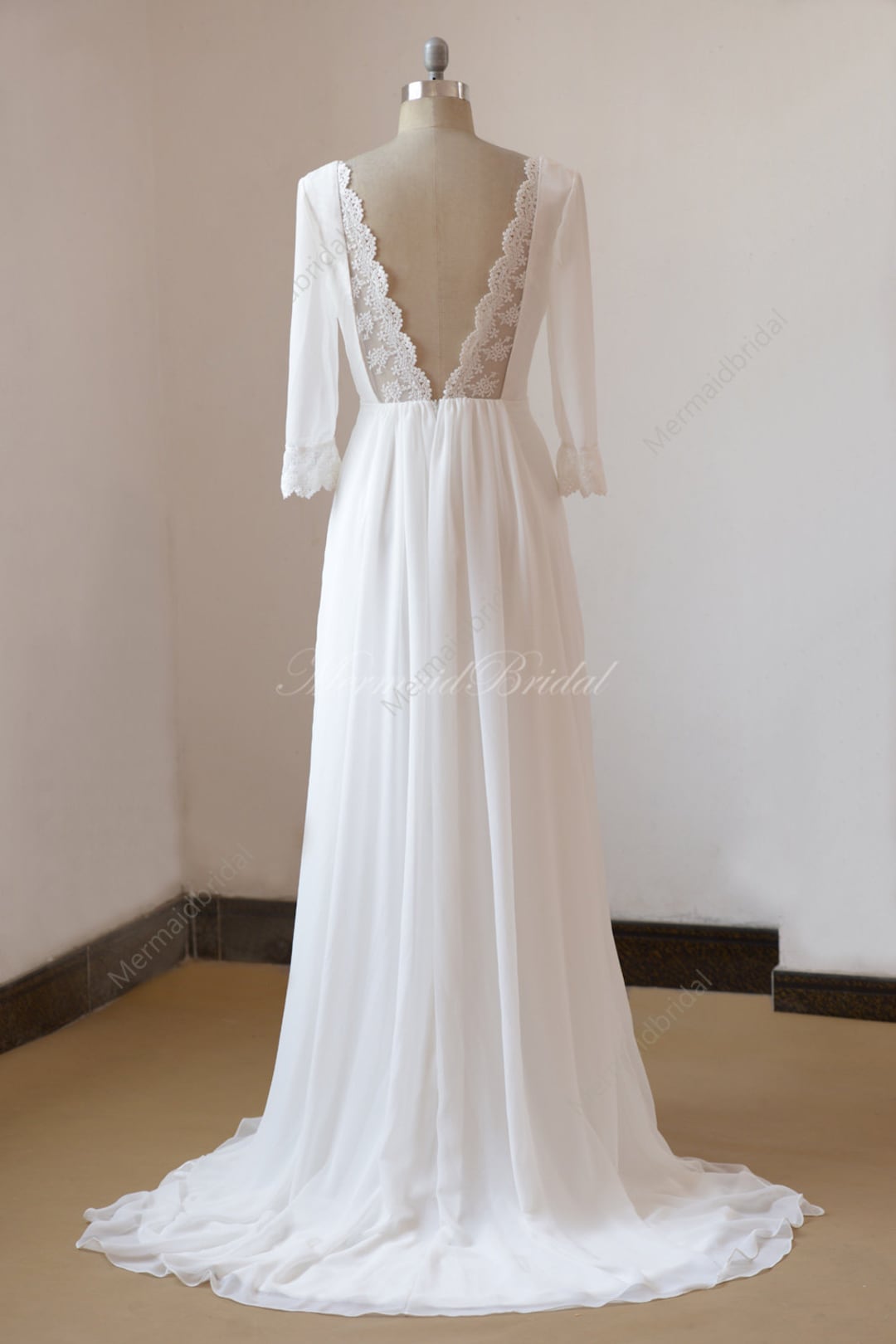 Lace Open Back Ivory a Line Chiffon Wedding Dress With Mid Sleeves - Etsy
