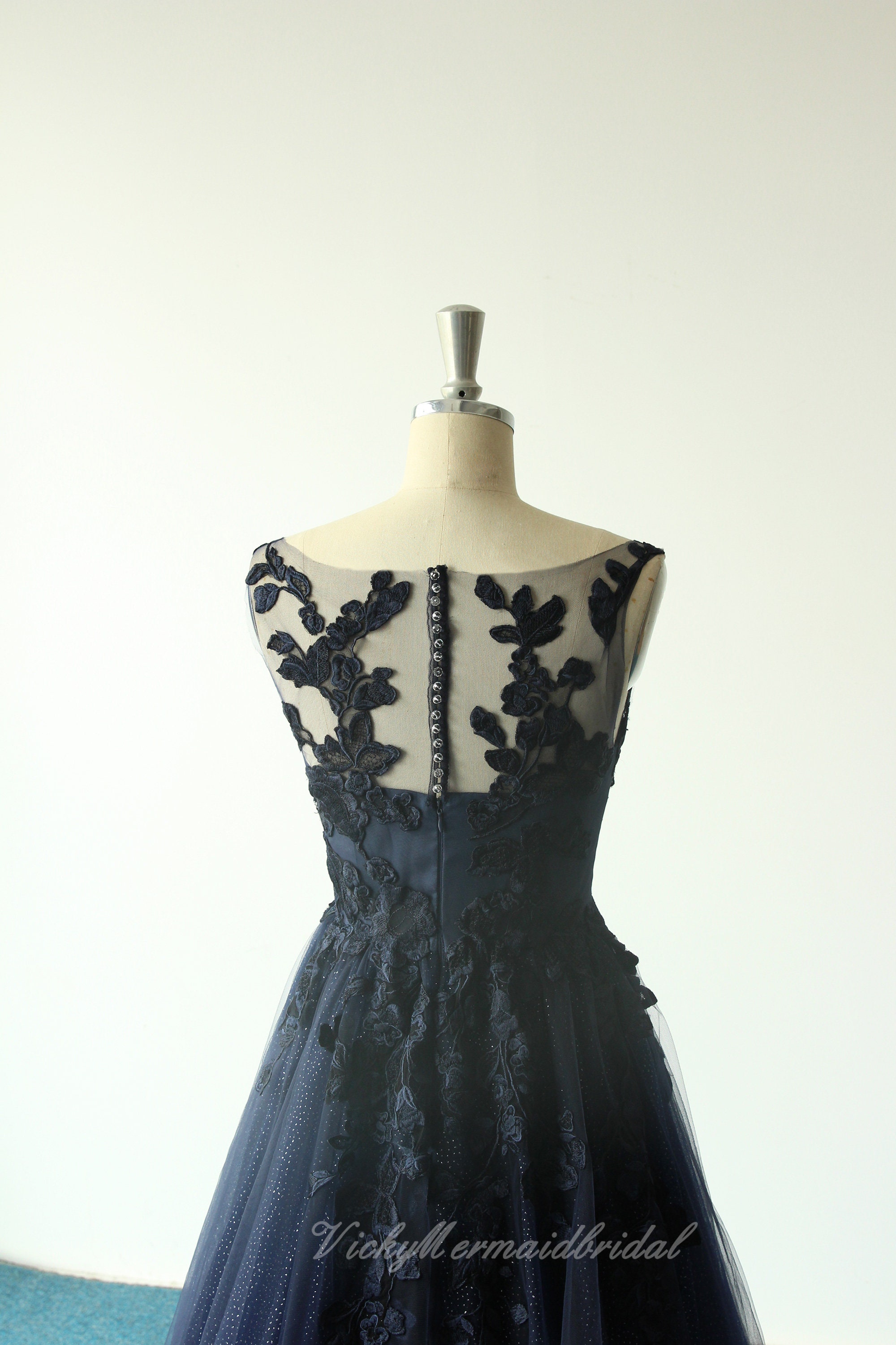 navy blue lace wedding dress Navy Blue Lace Elegant Wedding Guest Dress With Sleeves #J1736