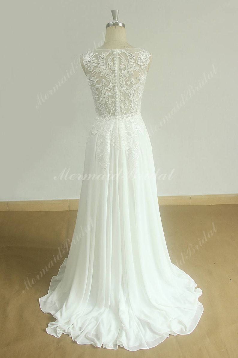 Sleeveless Vintage Chiffon Lace Wedding Dress with Deep V neckline and Elegant Open Back image 2