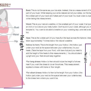 May include: Diagram showing how to measure different parts of the body for a dress, including bust, waist, hips, and hollow to hem. The diagram includes a pink dress illustration and text instructions.