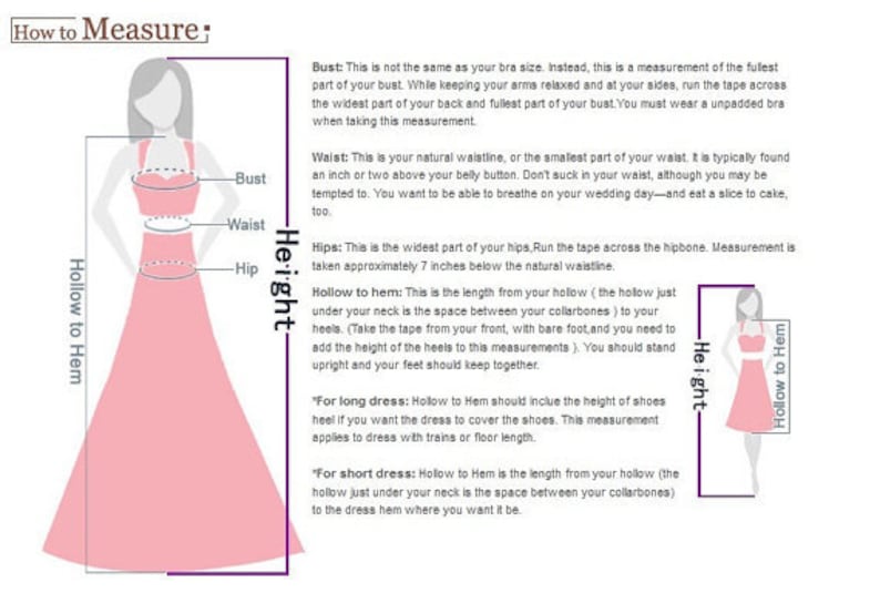 May include: Diagram showing how to measure different parts of the body for a dress, including bust, waist, hips, and hollow to hem. The diagram includes a pink dress illustration and text instructions.