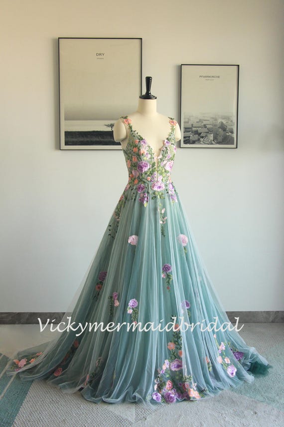 forest green a line dress Forest Green A-line Garden Wedding Dress With Colorful Lace Flowers