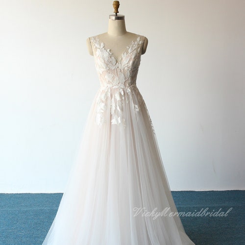 Fairy flowy a-line tulle lace wedding dress,beach wedding gown with pale blush lining and deep V neckline