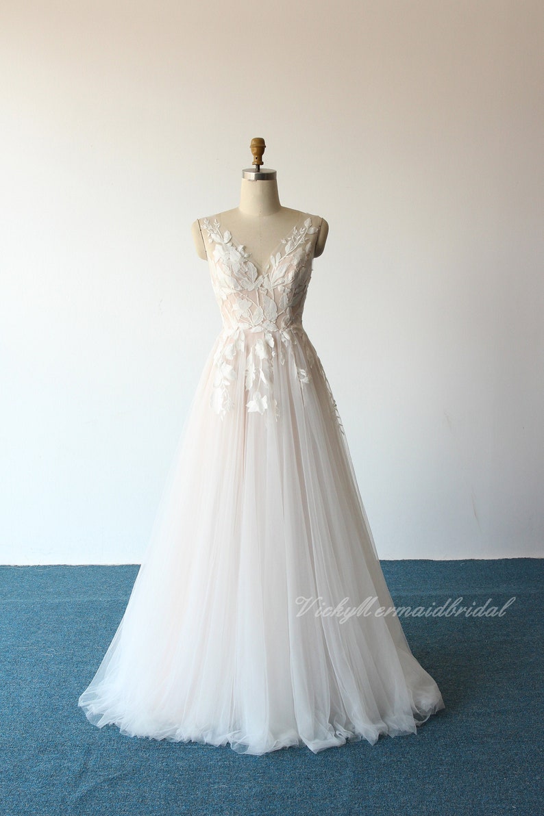 Fairy flowy a-line tulle lace wedding dress,beach wedding gown with pale blush lining and deep V neckline 