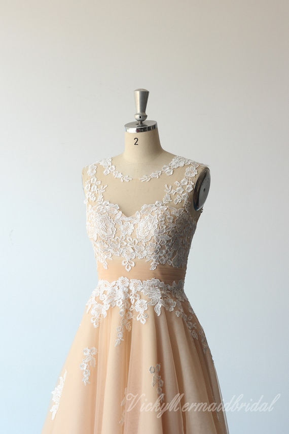 Tea Length Champagne Wedding Dress: Tulle Lace, Illusion Buttons