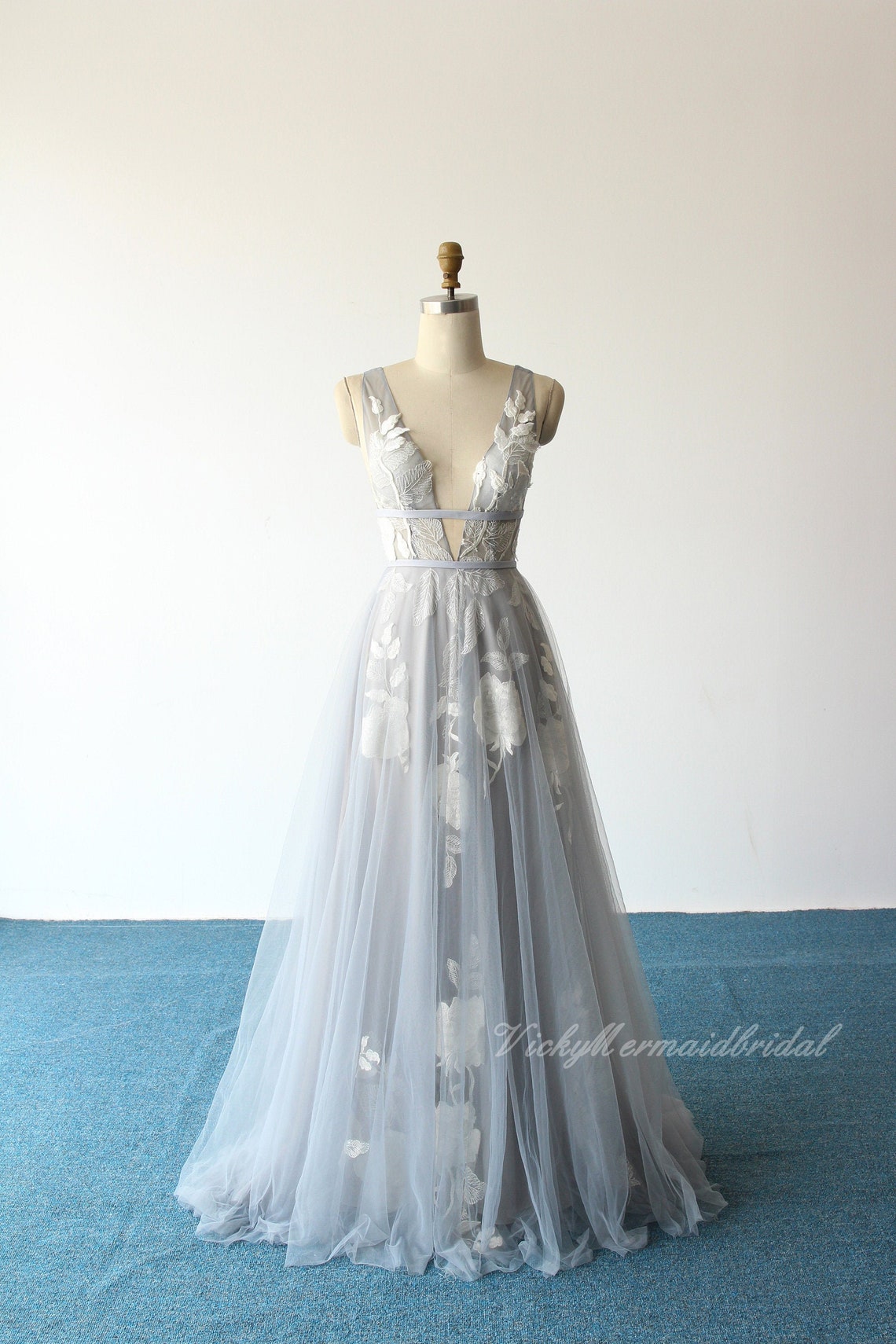 Open back A-line dusty blue tulle lace wedding dress 3D lace image 1