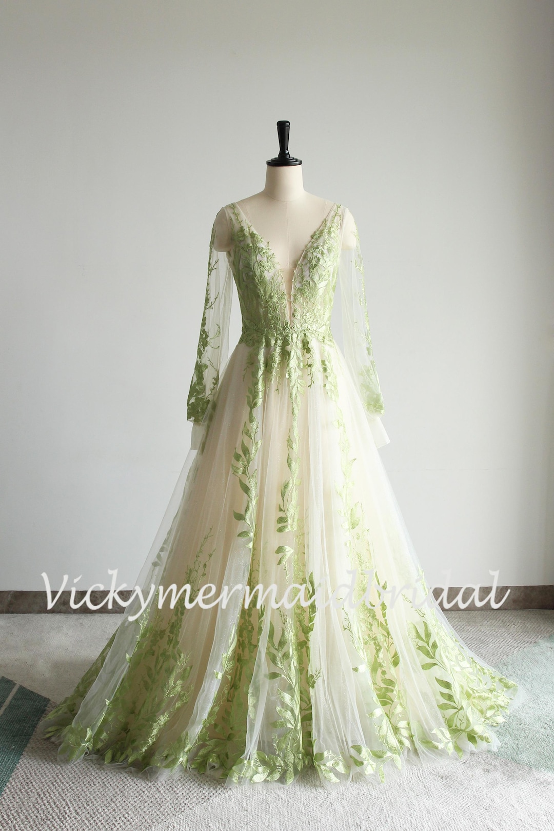 bowling green wedding dresses GRETA / Green Wedding Dress with Colored Flower Applique