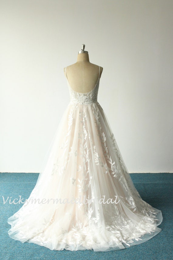 3D Lace Wedding Dress: V-neck Tulle Gown With Chapel Train - Etsy