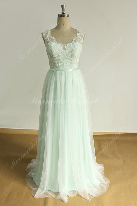 Backless Lace Wedding Dress With Scallop Neckline And Mint Etsy