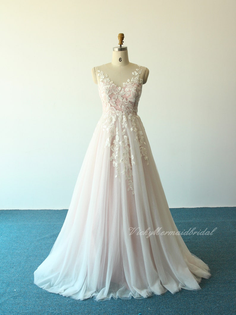 Unique blush pink tulle lace wedding Dress, A-line wedding dress with sweetheart neckline and glittery lining image 2
