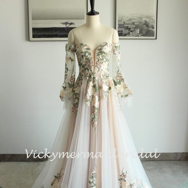 Flowy A-Line Tulle Wedding Dress: Colorful Lace, Off-Shoulder Sleeves