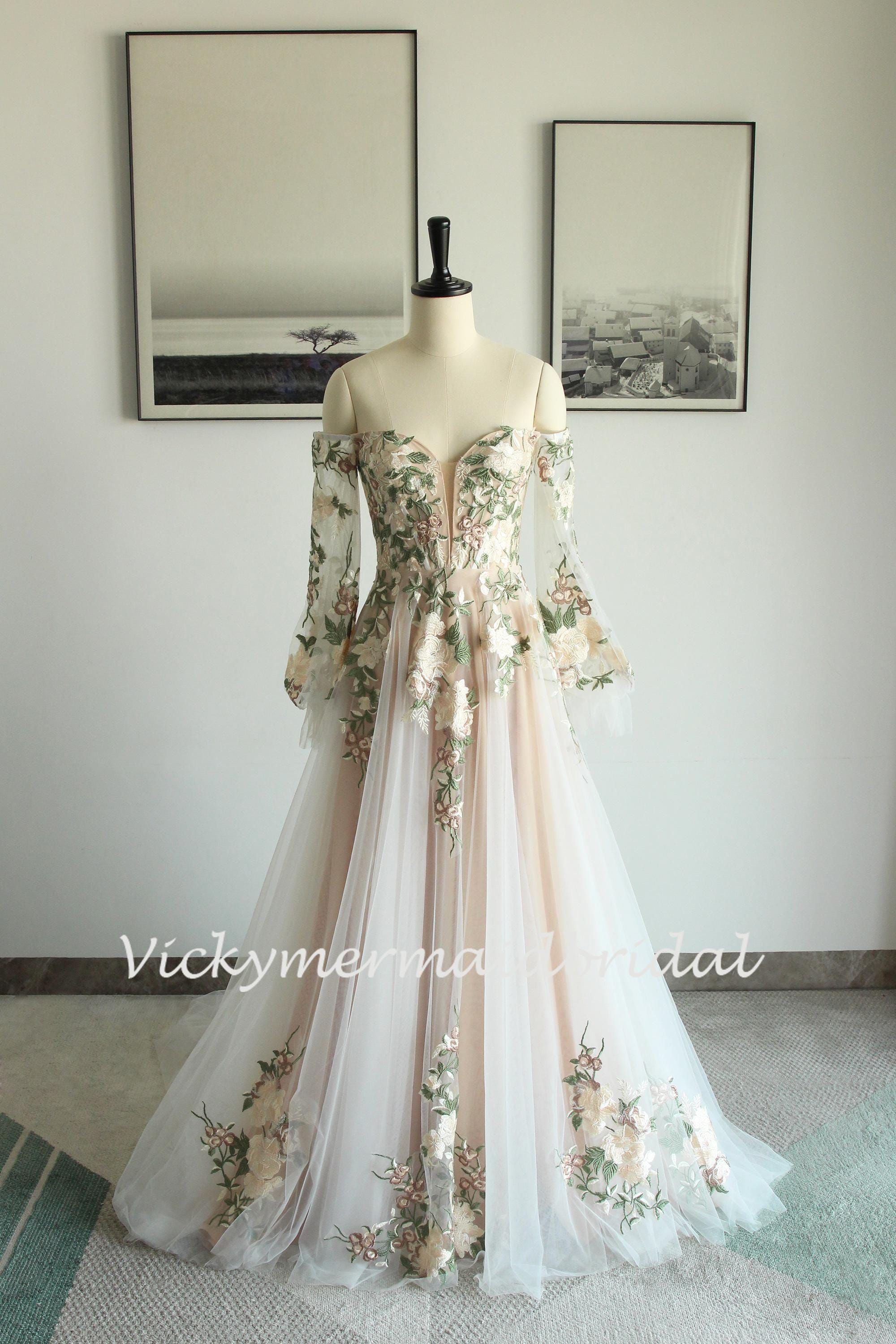 Flowy A-line Tulle Lace Wedding Dress, Colorful Garden Wedding Gown with Off the Shoulder Puffy Sleeves and Dark Champagne Lining