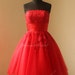 Red tea lenghth ball gown vintage lace wedding dress with corset back 
