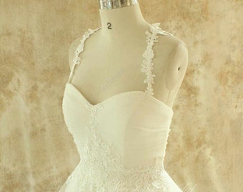 Ivory a line tulle lace wedding dress with lace straps