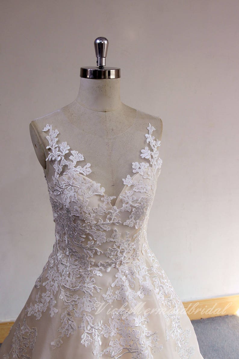 Unique Pale Blush Lace Wedding Dress Deep V Neckline Wedding | Etsy