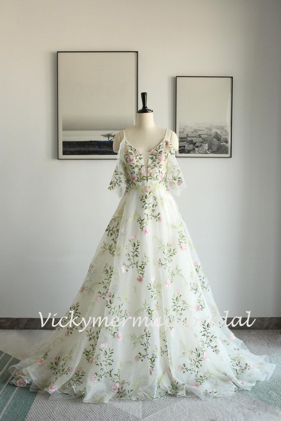 Blush Floral Organza Wedding Dress: Flowy A-Line Gown