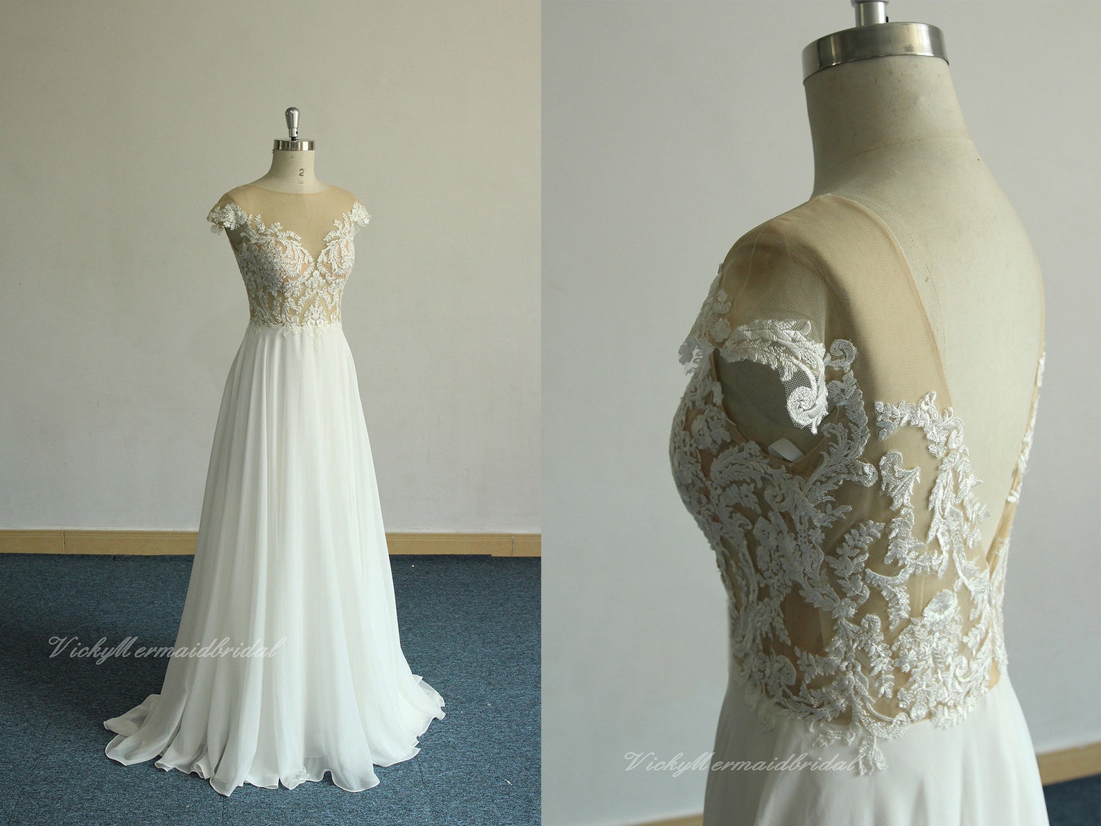 Elegant A-Line Chiffon Lace Wedding Dress With Side Slit Appliques and Ruffles
