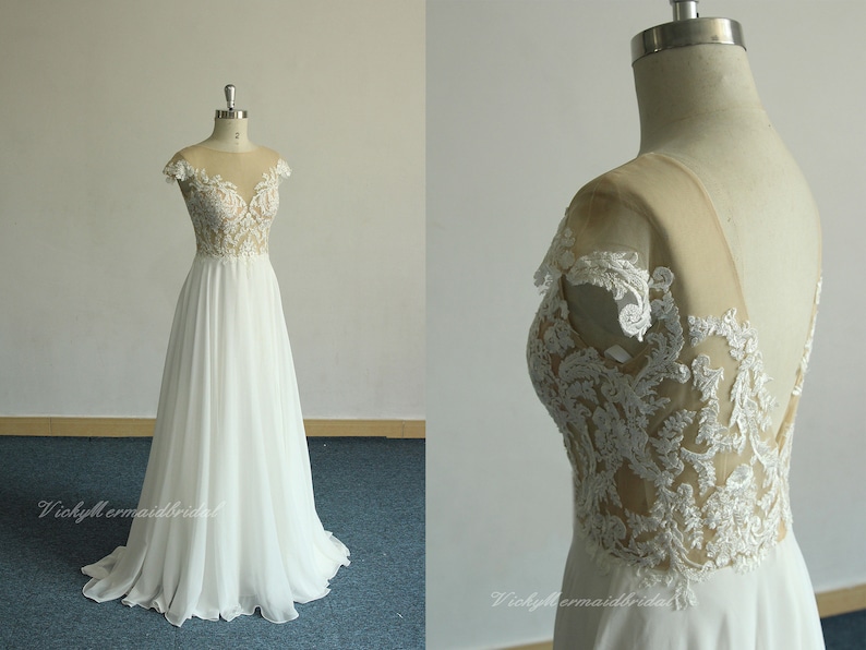 Elegant A-line chiffon lace wedding dress,open back bohemian wedding dress,bohemian bridal gown with illsusion nude neckline