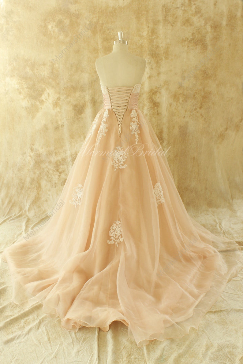 Simple blush A line organza lace wedding dress image 3