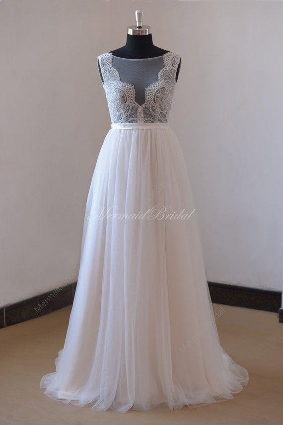 Backless Scallop Neckline Tulle Lace Wedding Dress With See Etsy