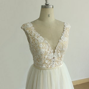 Open Back Tulle Lace Wedding Dress With Champagne Lining and Champagne ...