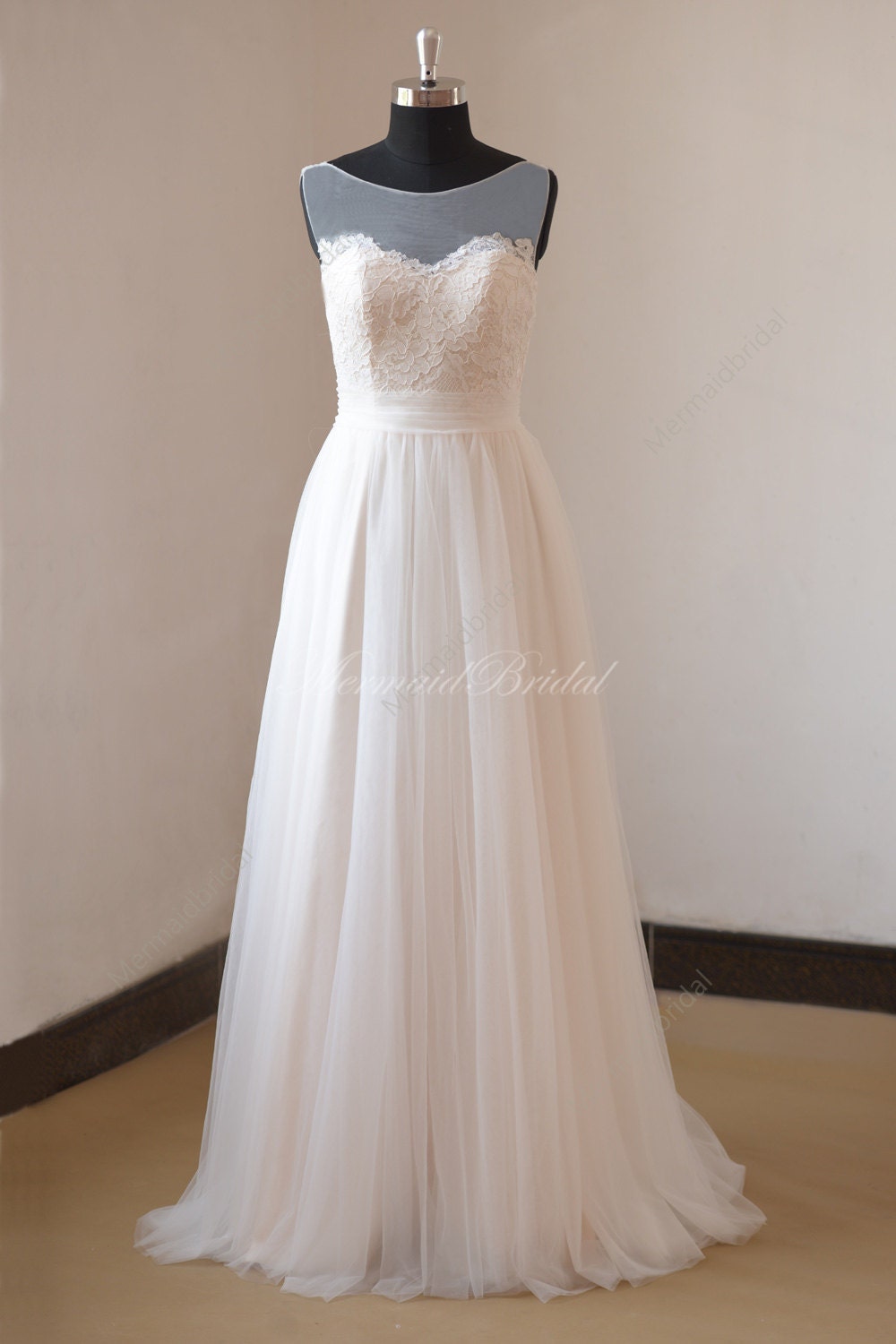 tulle wedding dress with lace illusion neckline
