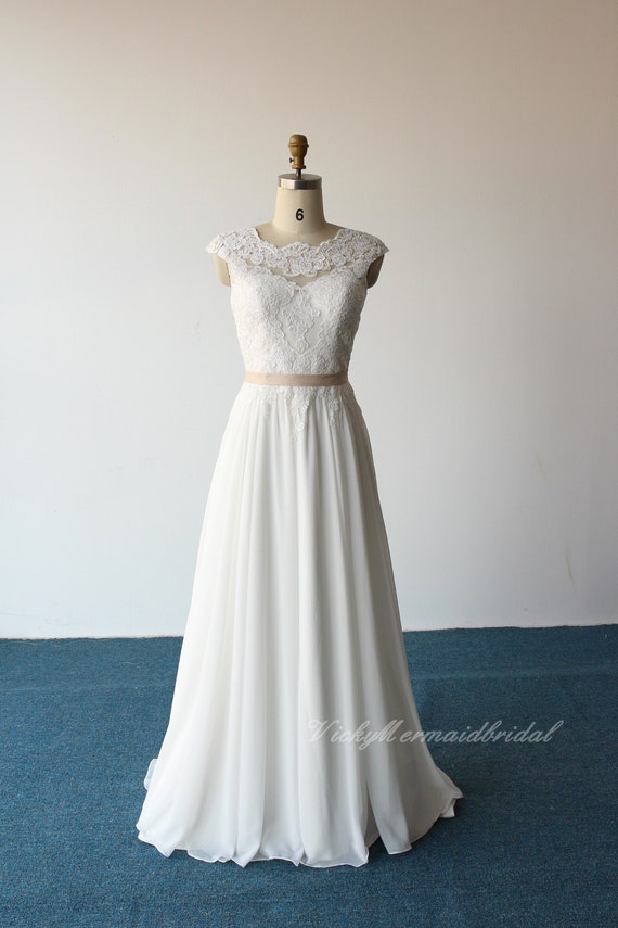 Ivory Chiffon A Line Cap Sleeves Backless Lace Appliques Weding Dresses, PW334