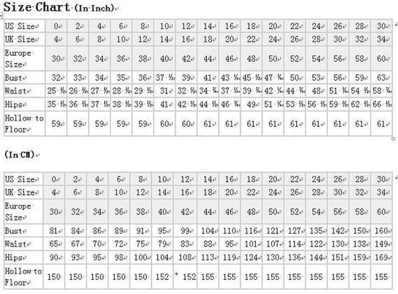 May include: Size chart for clothing in inches and centimeters. The chart shows US, UK, and European sizes, along with measurements for bust, waist, hips, and hollow to floor.