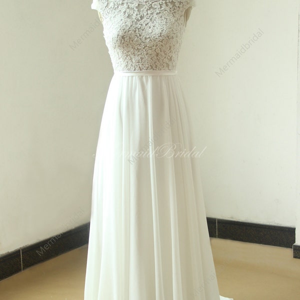 Ivory A line chiffon see thru sheer lace wedding dress with scallop back