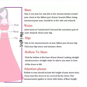 May include: Diagram illustrating dress measurements: bust, waist, hip, and hollow to hem. Text explains how to measure each area, including the bust at the fullest part of the chest and the waist at the narrowest point. Includes a note about shoe heel height.
