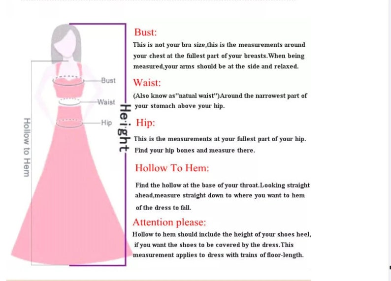 May include: Diagram illustrating dress measurements: bust, waist, hip, and hollow to hem. Text explains how to measure each area, including the bust at the fullest part of the chest and the waist at the narrowest point. Includes a note about shoe heel height.