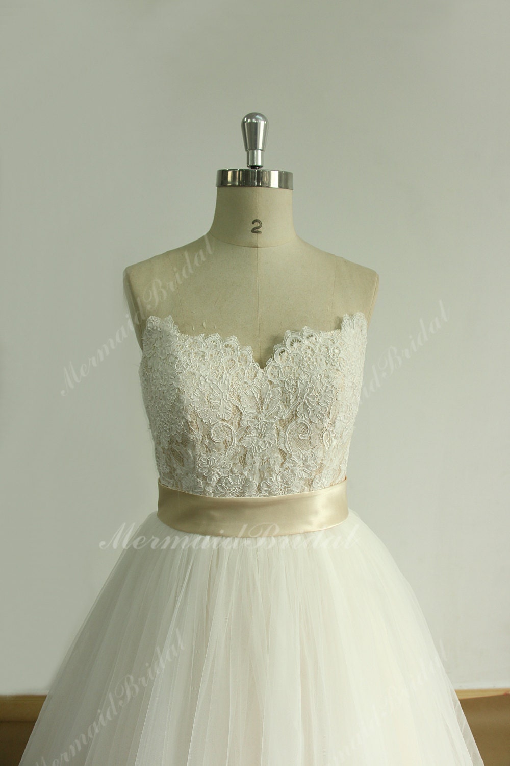 Lace Tulle A-Line Scalloped Court Wedding Dress, Sash Buttons