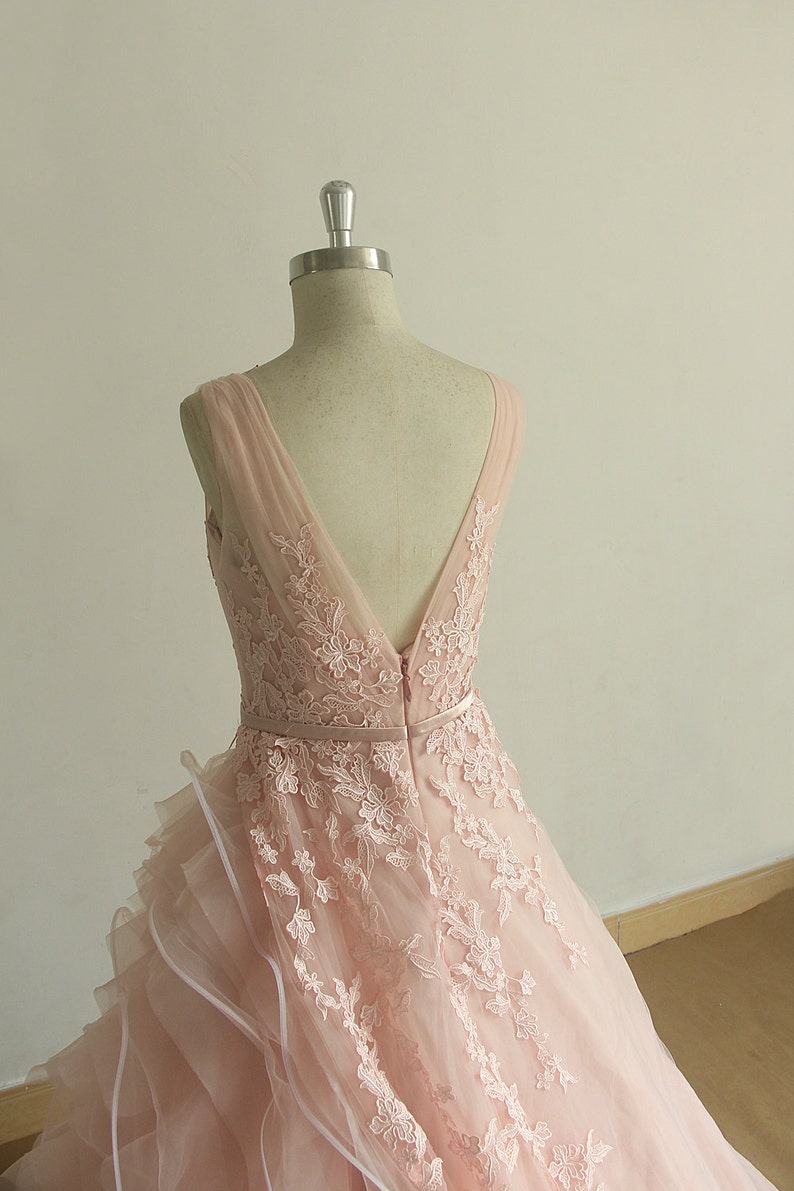 Blush Pink Deep v neckline Unique assymetrical lace tulle ruffled A line wedding dress image 3