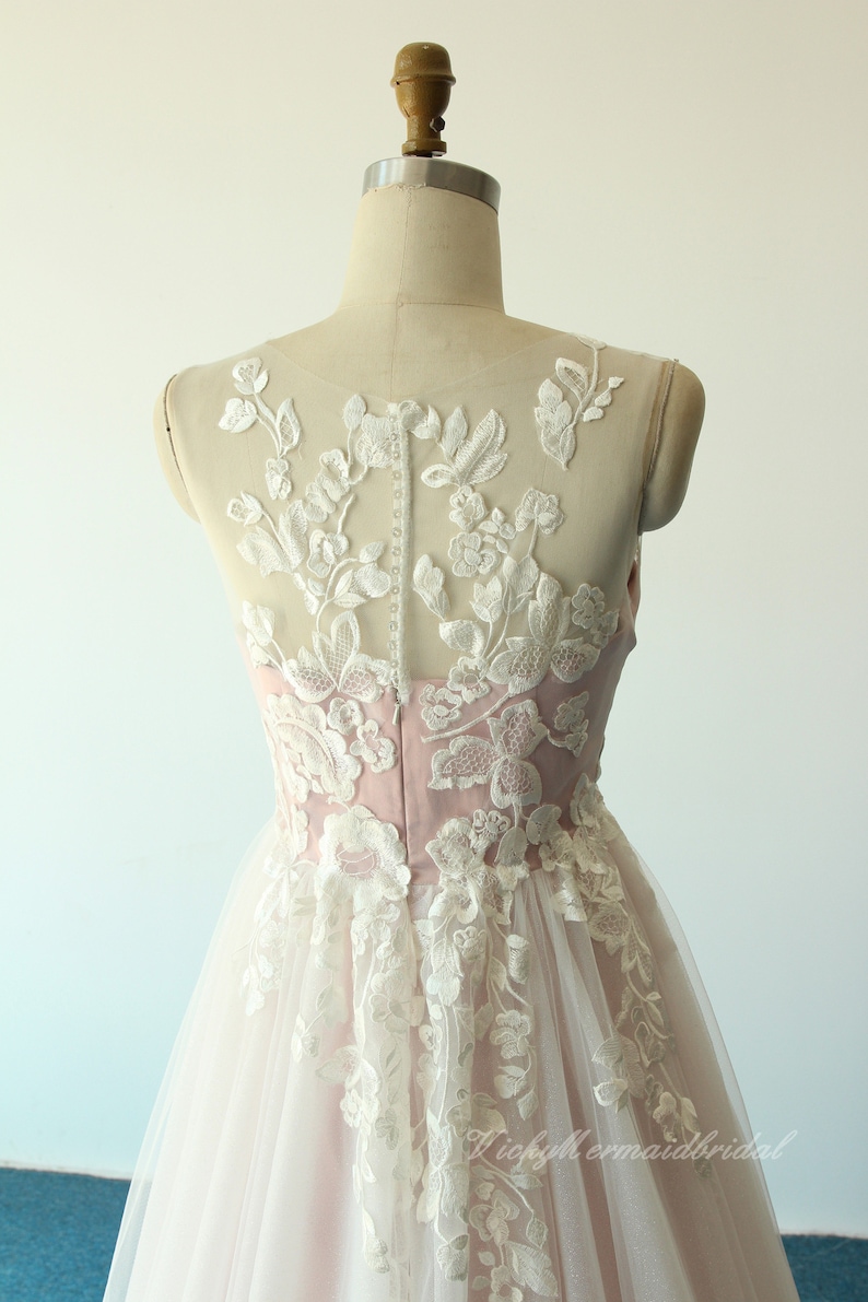 Unique blush pink tulle lace wedding Dress, A-line wedding dress with sweetheart neckline and glittery lining image 7