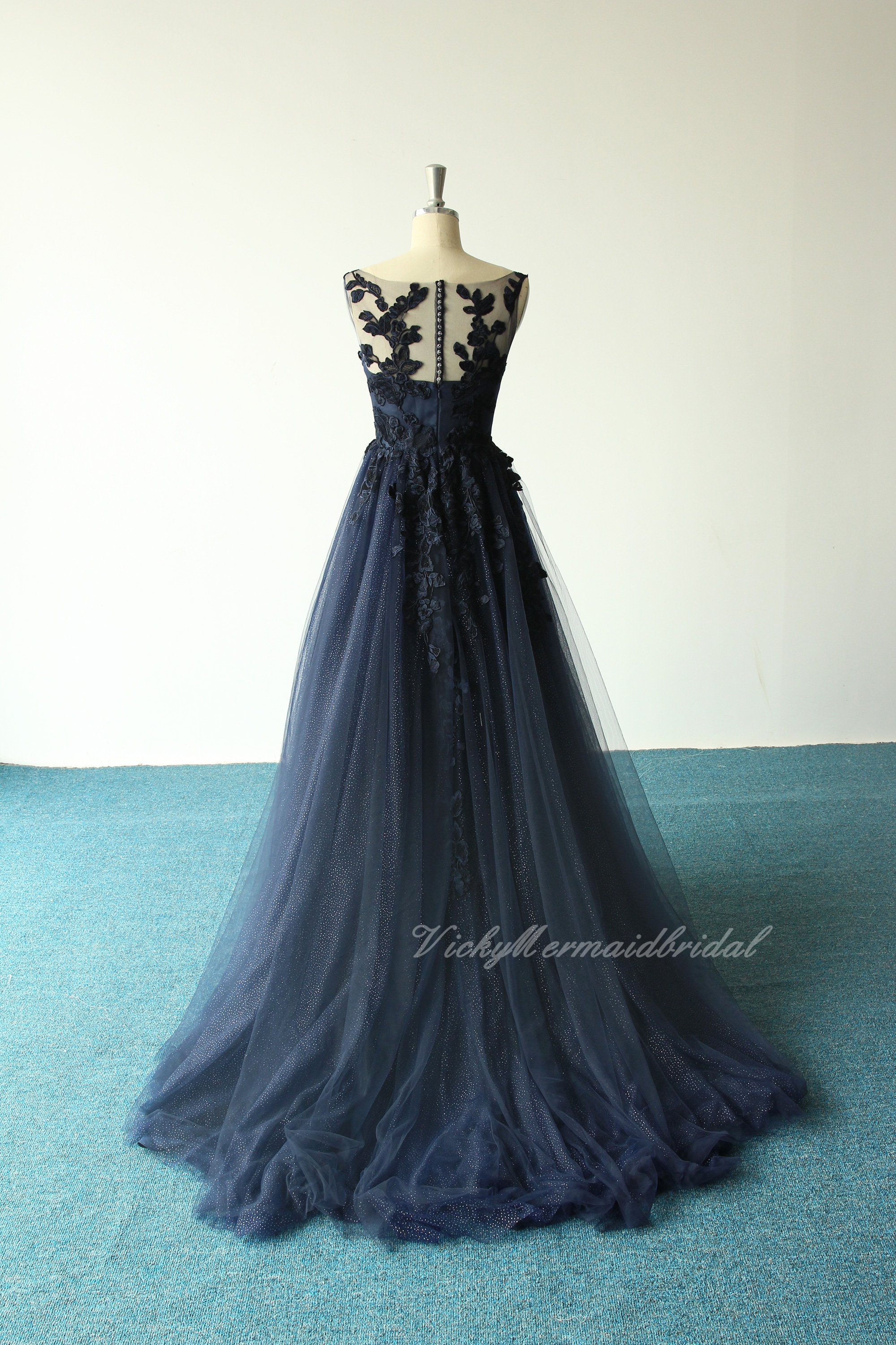 Custom Navy Blue Lace Wedding Dress: Glittery Tulle A-Line Boho Gown