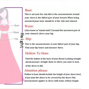 May include: Diagram showing how to measure bust, waist, hip, and hollow to hem for a dress. The diagram shows a woman wearing a pink dress.