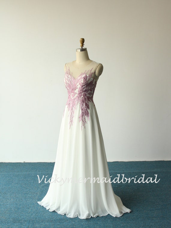 light purple lace wedding dress Light Purple Sleeveless A Line V-Neck Lace Wedding Dresses, Purple / 10