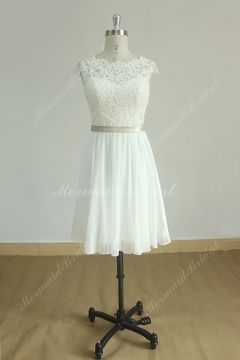 Elegant keyhole back knee length chiffon lace wedding dress with champagne sash 