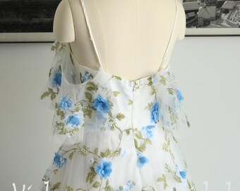 Blue Floral Print Organza Wedding Dress: Off-shoulder A-line Gown - Etsy Blue Floral Print Organza Wedding Dress: Off-shoulder A-line Gown - Etsy