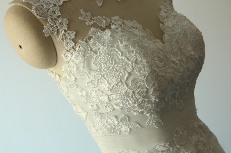 Lovely tea length tulle lace wedding dress, short wedding dress, destination wedding dress with illusion back image 3
