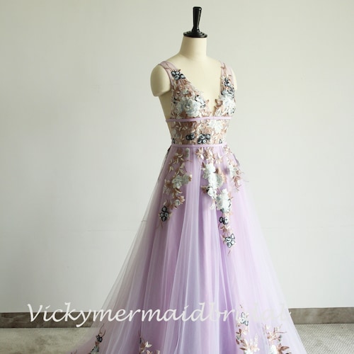 green emerald velvet dress A Line V Neck Lilac/Gold Lace Floral Long Prom Dresses, Purple/Gold La   morievent
