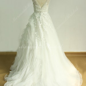 Deep V Neckline Unique Designed Lace Tulle Ruffled A Line Wedding Dress ...