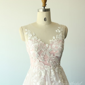 Unique blush pink tulle lace wedding Dress, A-line wedding dress with sweetheart neckline and glittery lining image 5