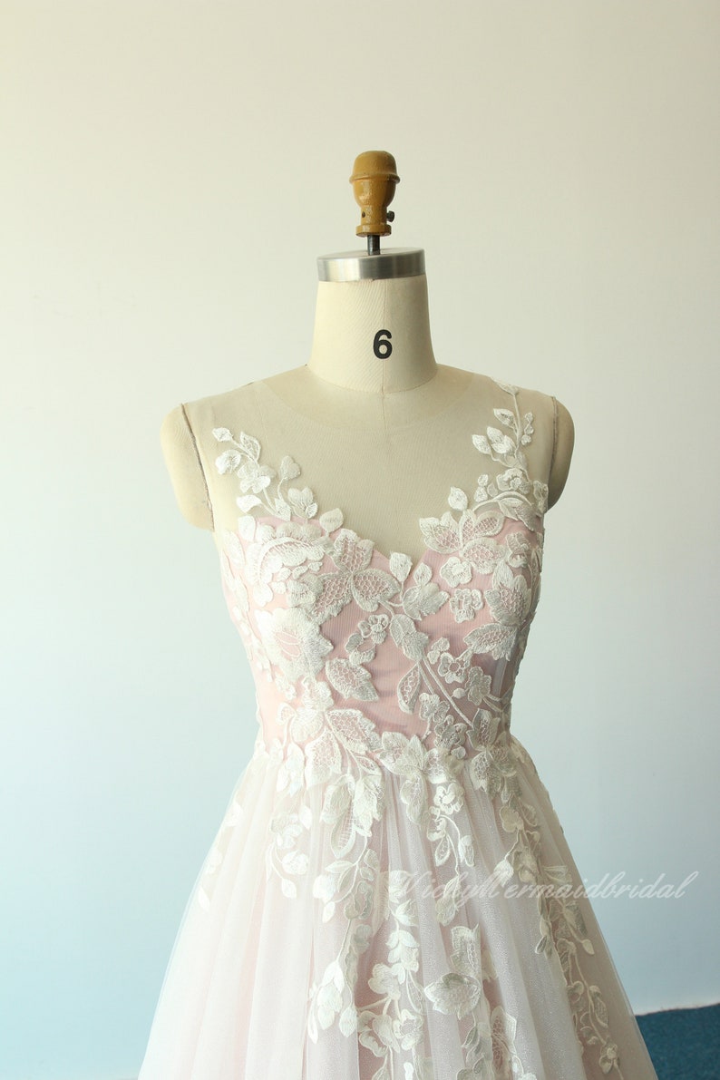 Unique blush pink tulle lace wedding Dress, A-line wedding dress with sweetheart neckline and glittery lining image 5