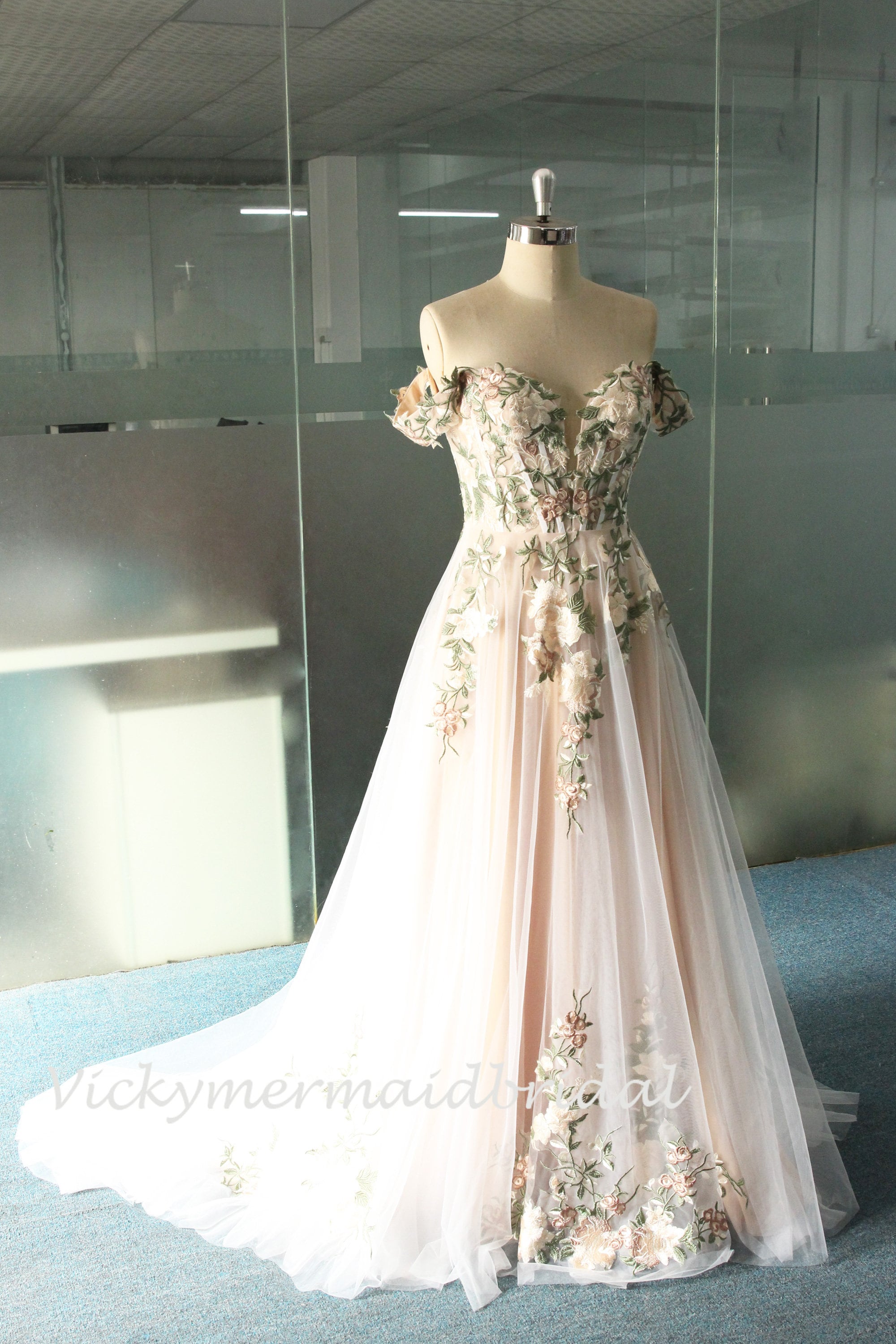 Off the Shoulder Wedding Dress: 3D Wild Flower Lace, Champagne
