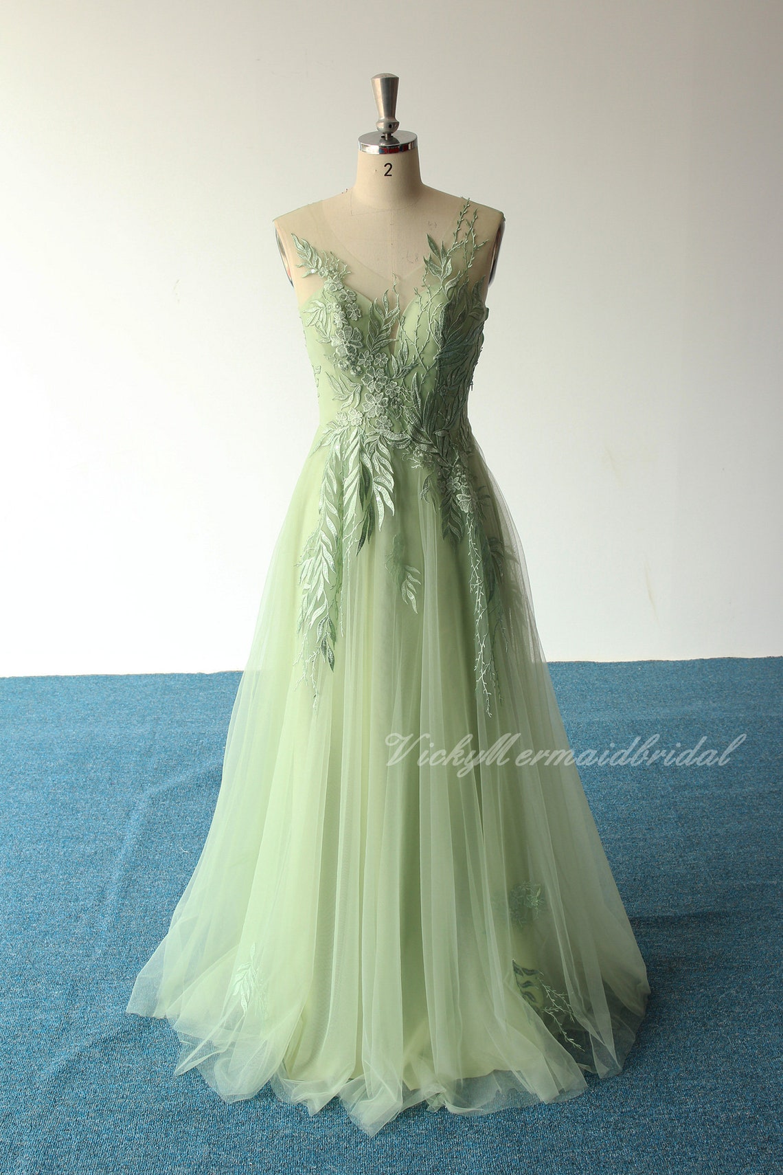 Unique romantic sage aline tulle lace wedding dress elegant image 4