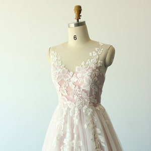 Unique blush pink tulle lace wedding Dress, A-line wedding dress with sweetheart neckline and glittery lining image 4