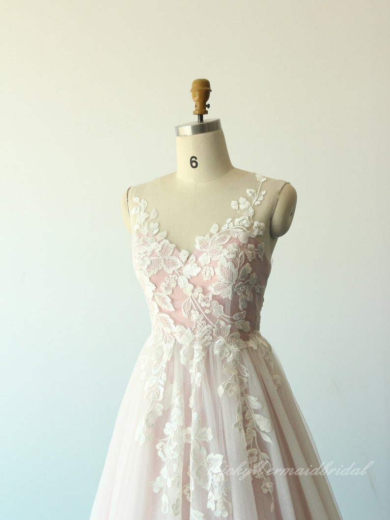 Unique blush pink tulle lace wedding Dress, A-line wedding dress with sweetheart neckline and glittery lining image 4