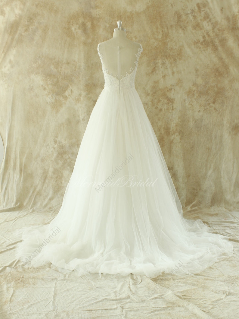 Romantic Ivory A line lace wedding dress with sheer back 