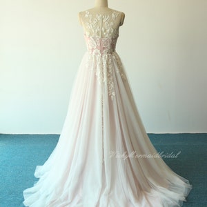 Unique blush pink tulle lace wedding Dress, A-line wedding dress with sweetheart neckline and glittery lining image 8